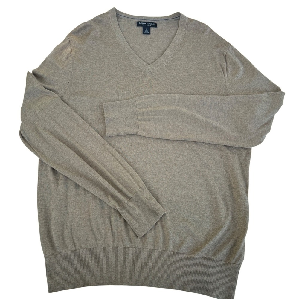 Banana Republic Mens Large V Neck Sweater Tan Silk Cashmere Luxury Blend Classic